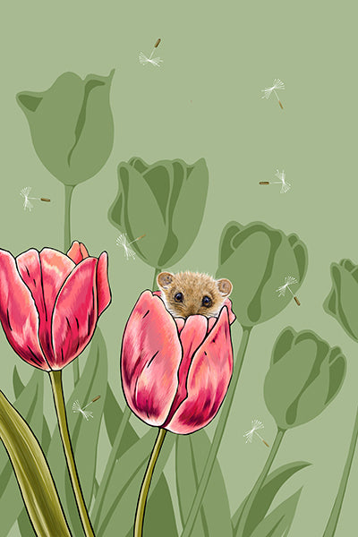 British-made Dormouse & Tulips Tea Towel, design is of a cute dormouse peeping over the petal of a tulip that he is sitting in; with a pale green background.