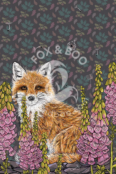 British-made Fox Tea Towel, heavyweight cotton, Fox sitting behind log surrounded by Foxgloves, Oak leaf background
