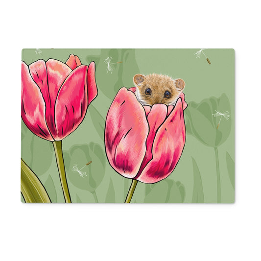 Gorgeous dormouse tempered glass chopping board, dormouse is sitting in tulip and peeking over the edge, design by Fox and Boo