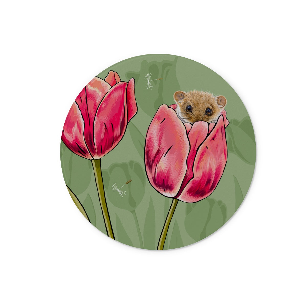 Gorgeous dormouse tempered glass chopping board, dormouse is sitting in tulip and peeking over the edge, design by Fox and Boo