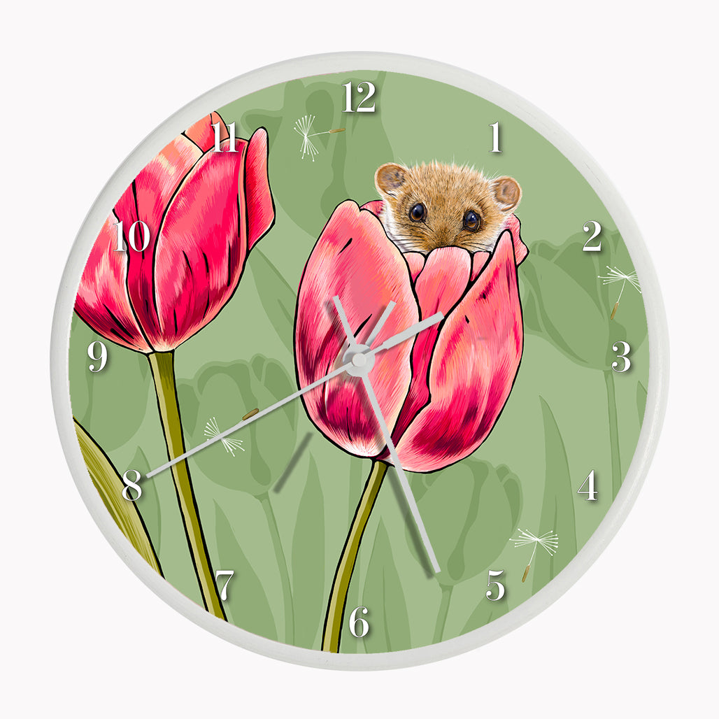 Our sustainable dormouse and tulip wall clock features an illustrated dormouse sitting in a tulip