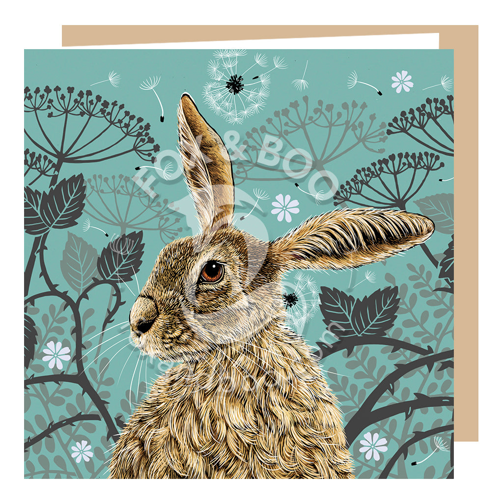 Decorative Hare Greeting Card By Fox & Boo, Vintage Aqua