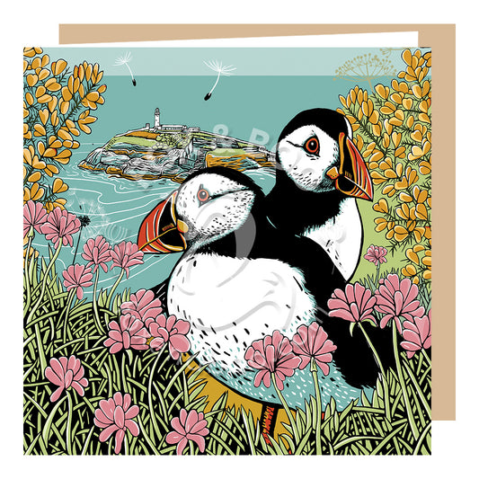 Clifftop Puffins Greeting Card