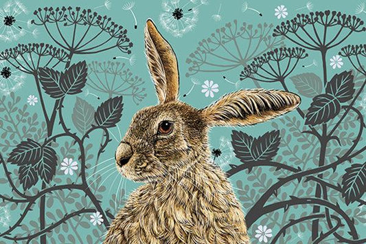 British-made Hare Tea Towel Ethically Produced. This tea towel design features a hare portrait with one floppy ear, around the hare are stylised brambles, leaves, cow parsley and dandelion puffs, background colour is a vintage aqua.