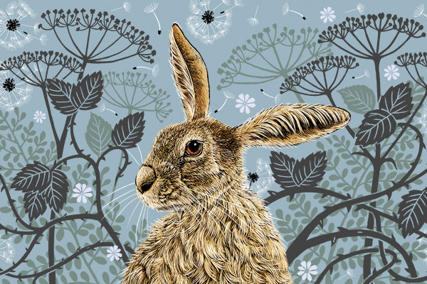 British-made Hare Tea Towel Ethically Produced. This tea towel design features a hare portrait with one floppy ear, around the hare are stylised brambles, leaves, cow parsley and dandelion puffs, background colour is a vintage aqua.