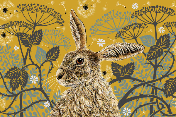 British-made Hare Tea Towel Ethically Produced. This tea towel design features a hare portrait with one floppy ear, around the hare are stylised brambles, leaves, cow parsley and dandelion puffs, background colour is a vintage aqua.