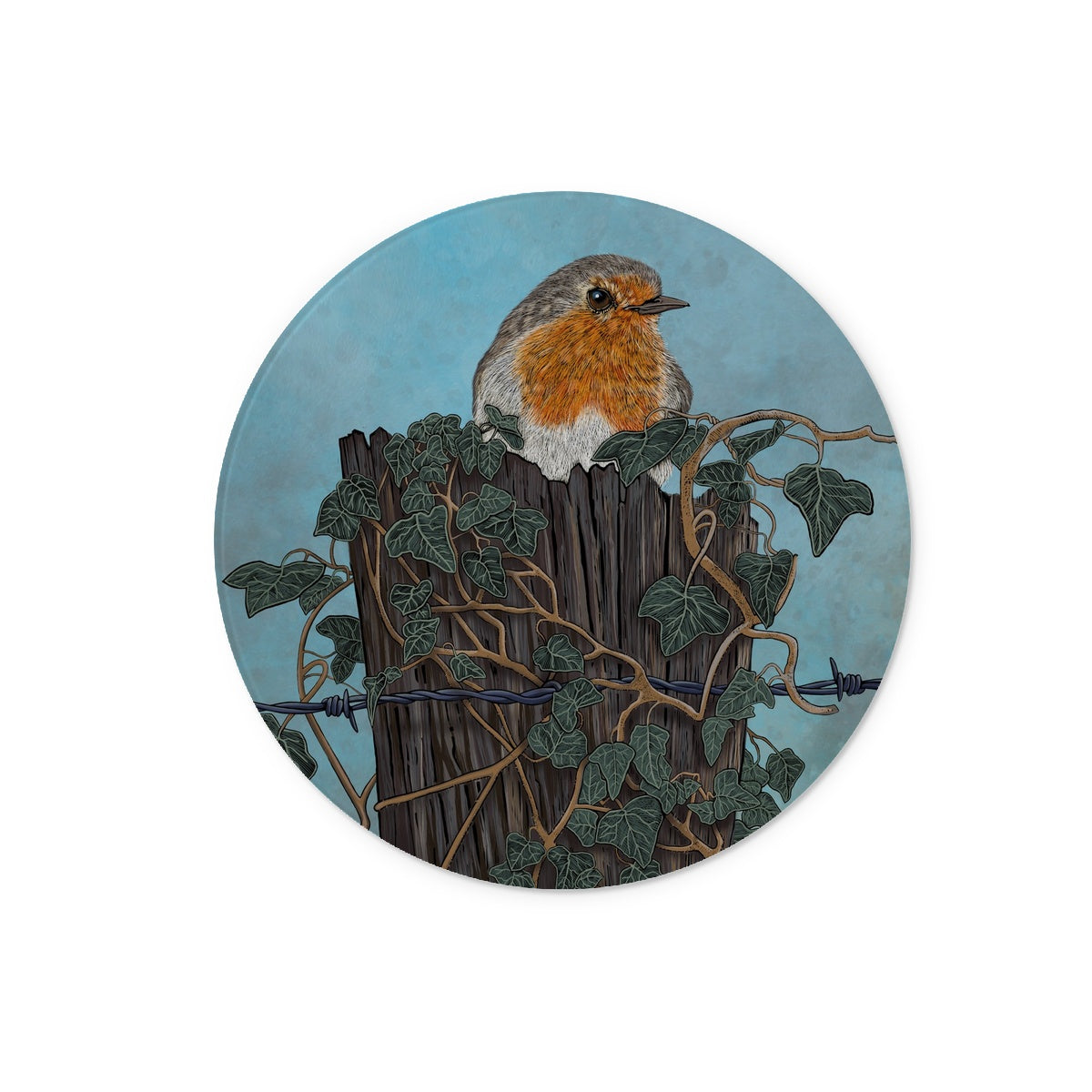 Circular robin Tempered Glass Chopping Board. Robin is perched on a tree stump which is covered in ivy and barbed wire.