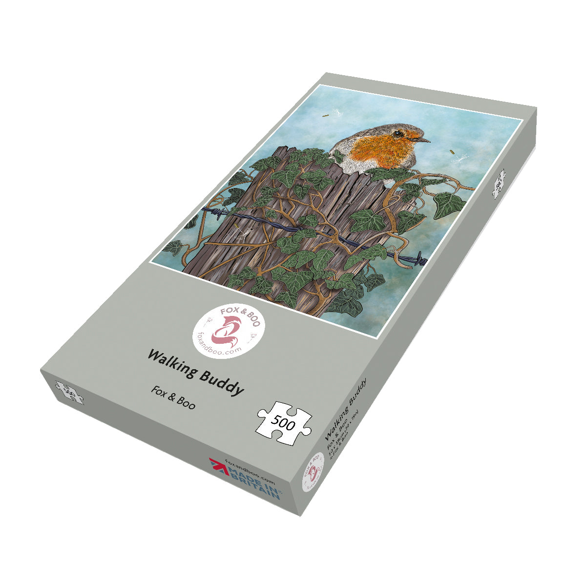 Sustainable Robin jigsaw puzzle by Fox and Boo with a Robin perched on a post surrounded by ivy.