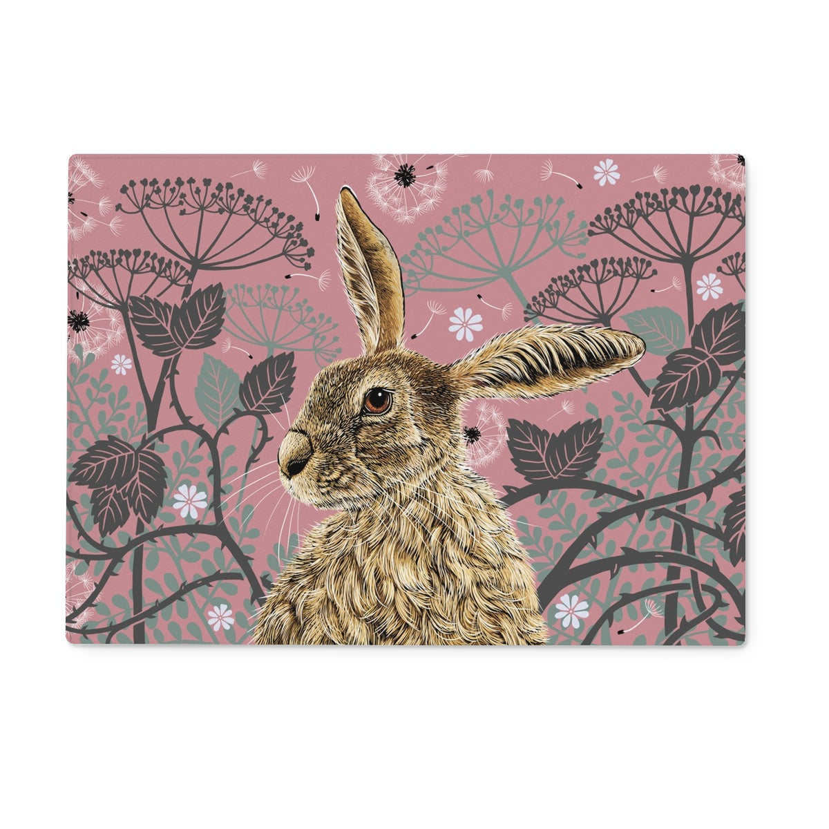 This rectangular worktop saver design features a hare portrait with one floppy ear, around the hare are stylised brambles, leaves, cow parsley and dandelion puffs, background colour is an antique rose pink.