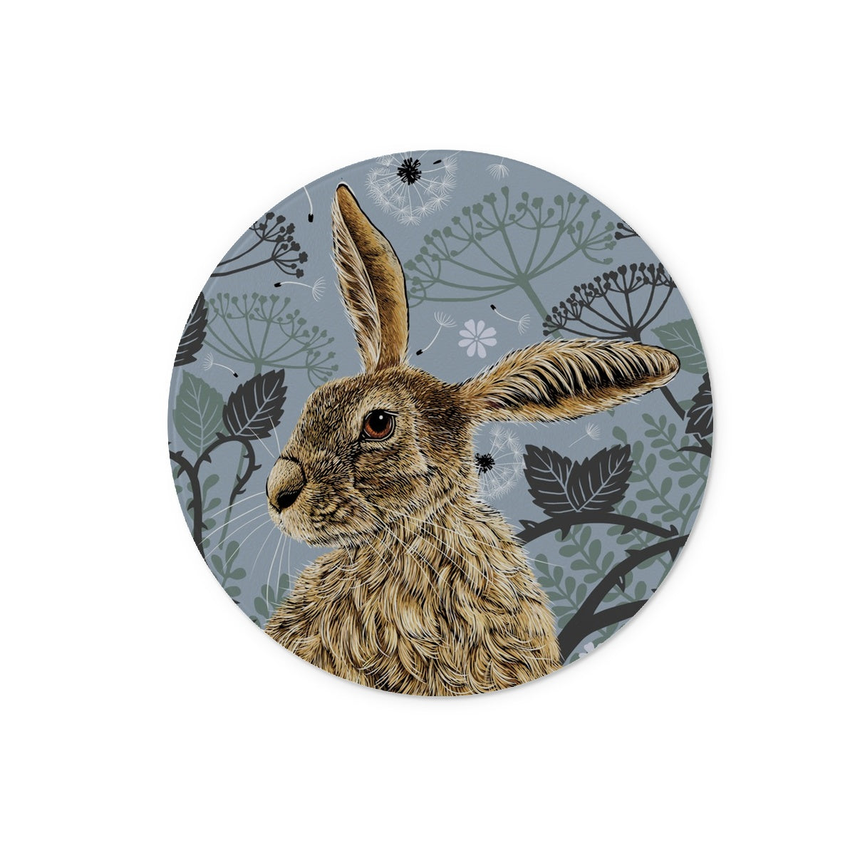 Our circular blue hare tempered glass chopping board features a hare portrait with one floppy ear, around the hare are stylised brambles, leaves, cow parsley and dandelion puffs, background colour is a blue  grey.