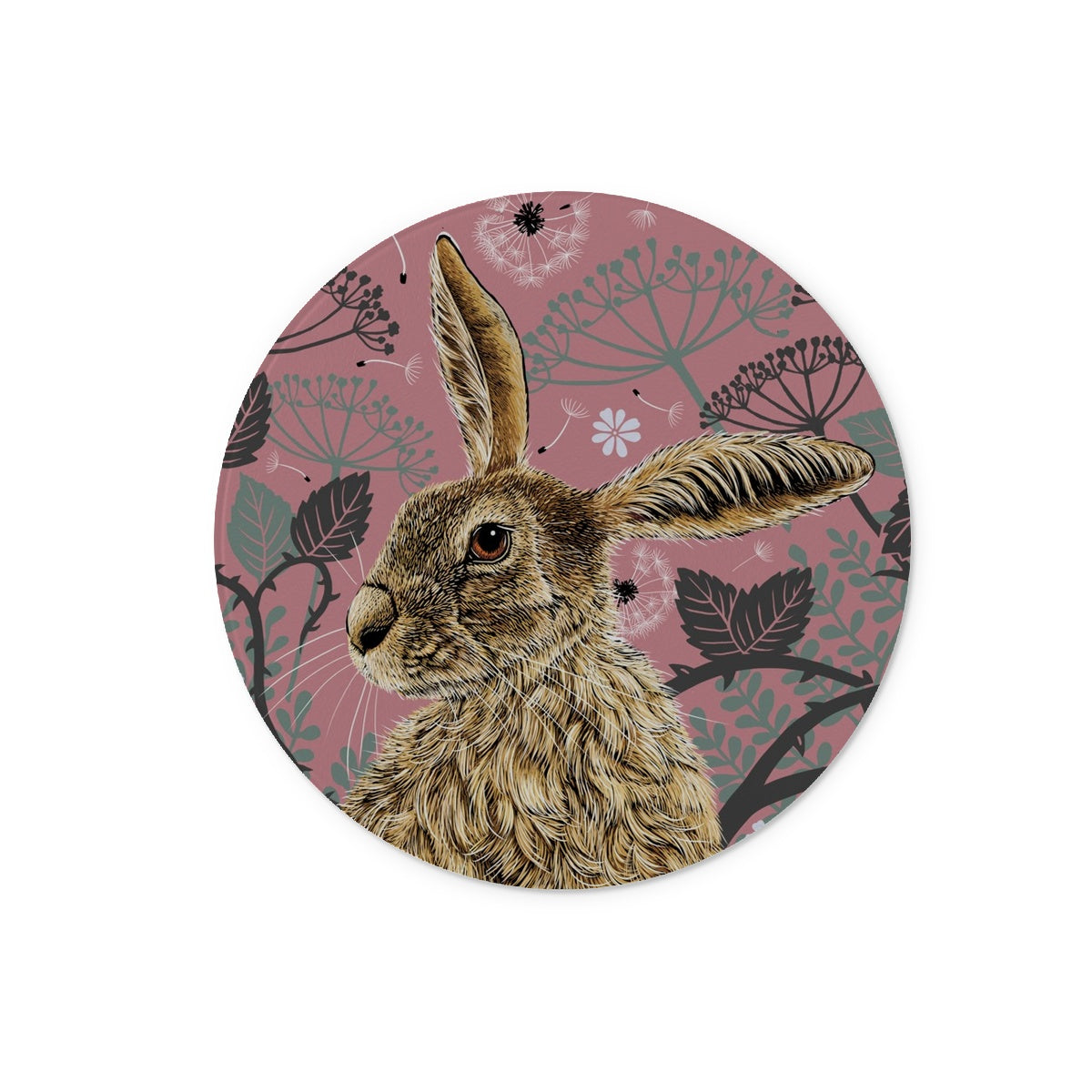 This circular worktop saver design features a hare portrait with one floppy ear, around the hare are stylised brambles, leaves, cow parsley and dandelion puffs, background colour is an antique rose pink.