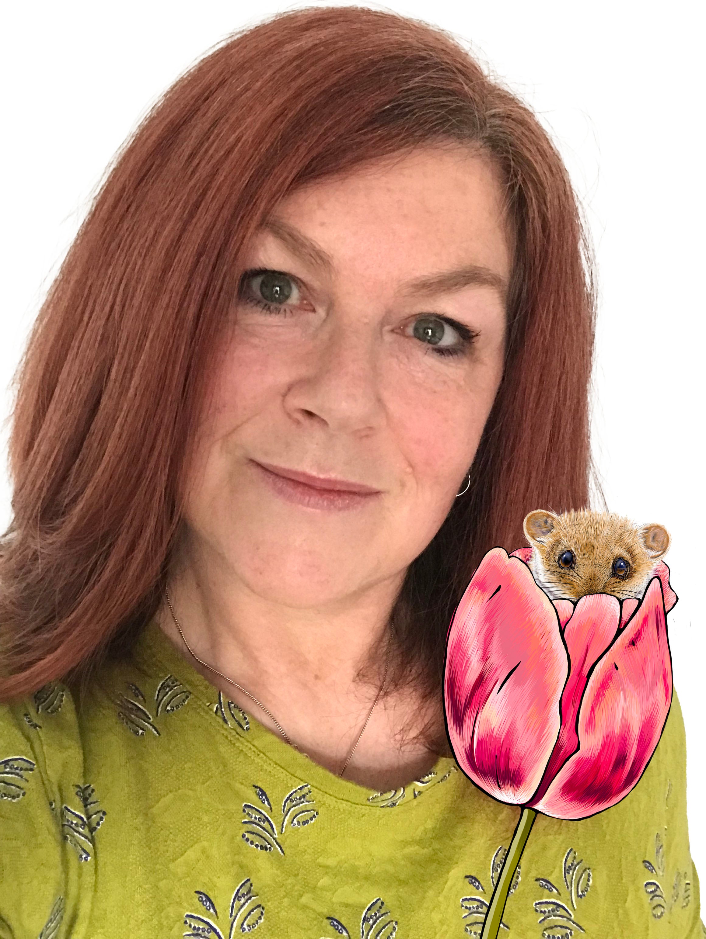 Lisa Fox, owner and designer at Fox & Boo, with isolated dormouse in a tulip