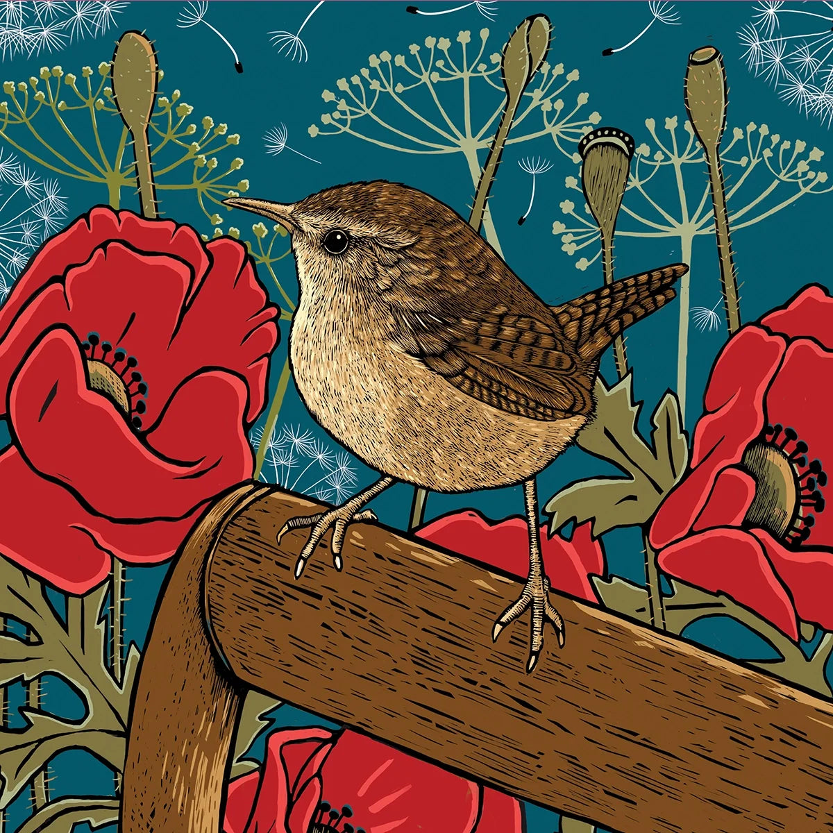 Poppies and Wren design, wren is on garden spade surrounded by red poppies