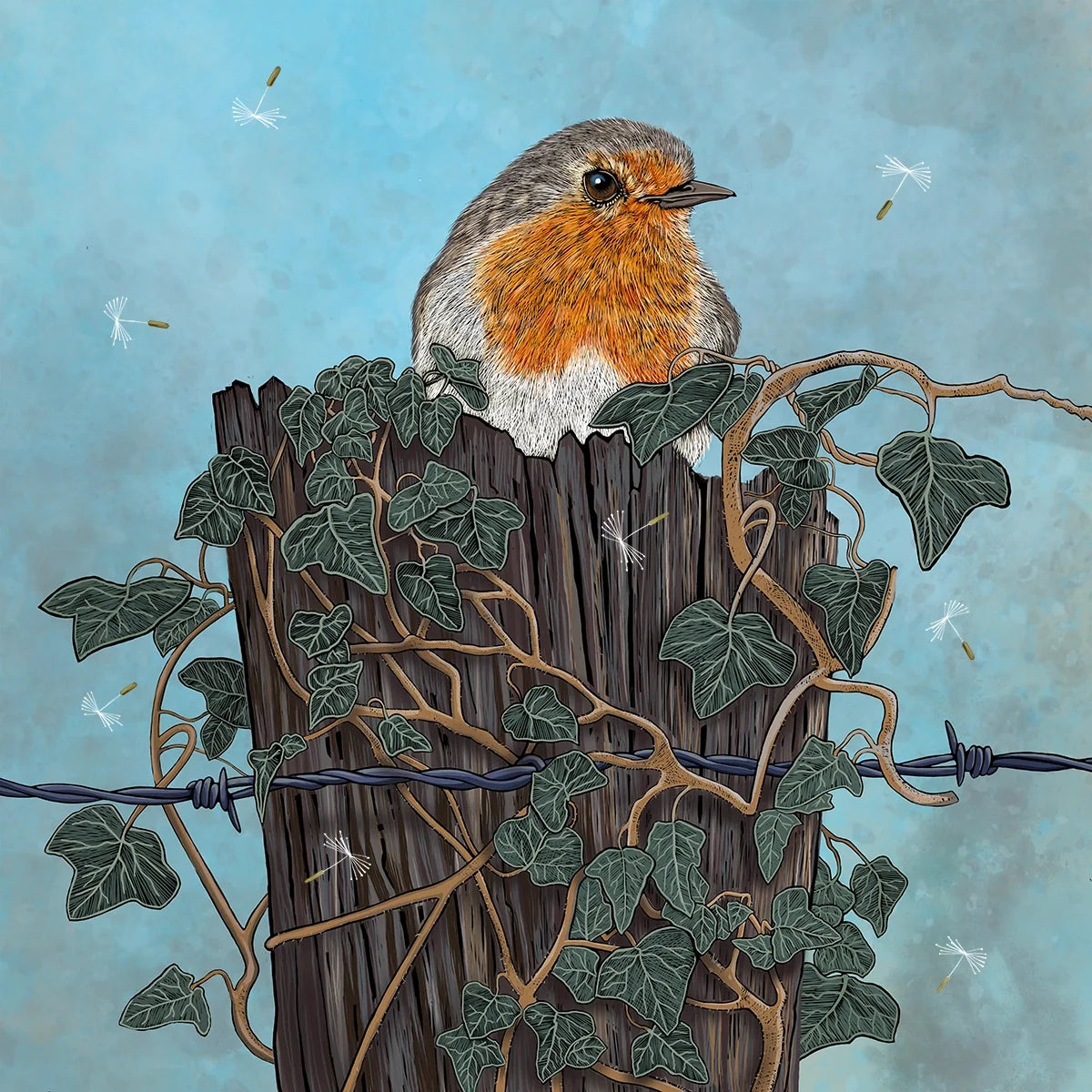 Robin on Fence - Walking Buddy perched on a wooden post surrounded by ivy and dragonflies.
