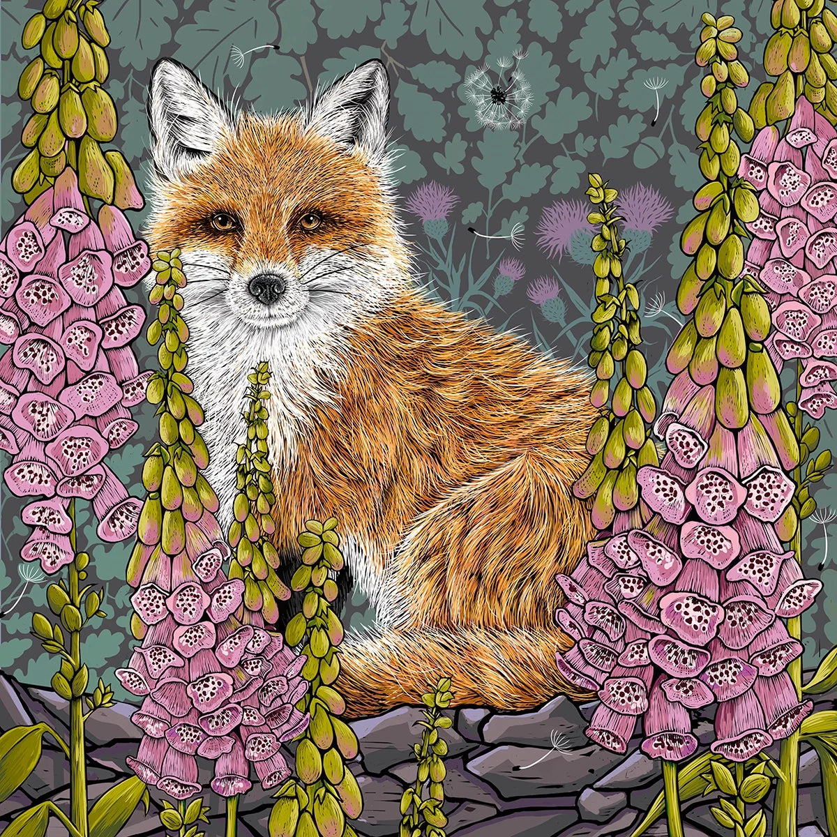 Woodland fox design, fox is surrounded by pink foxgloves 