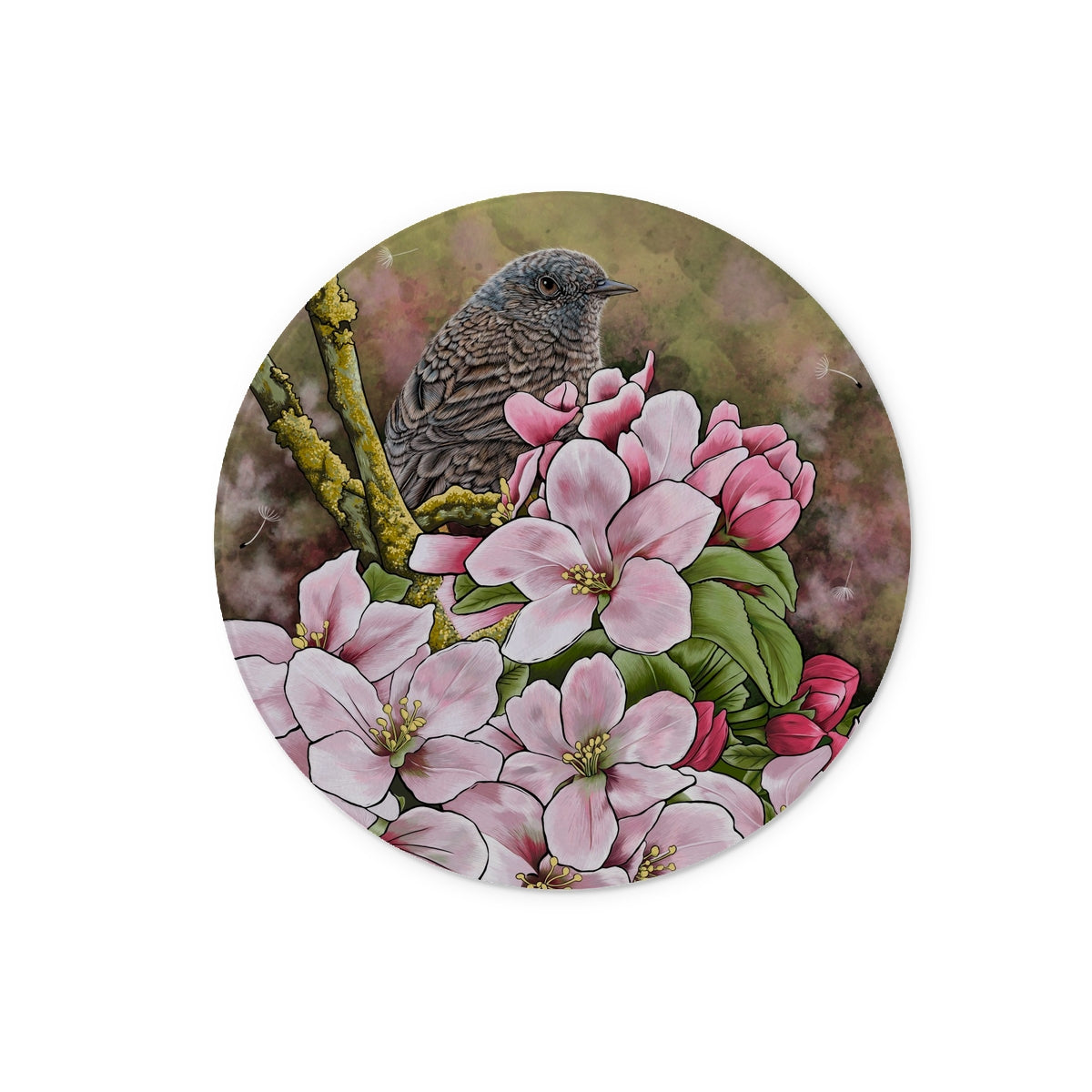 Circular Garden Bird Tempered Glass Chopping Board, Dunnock perched among pink blossom on a glass cutting board