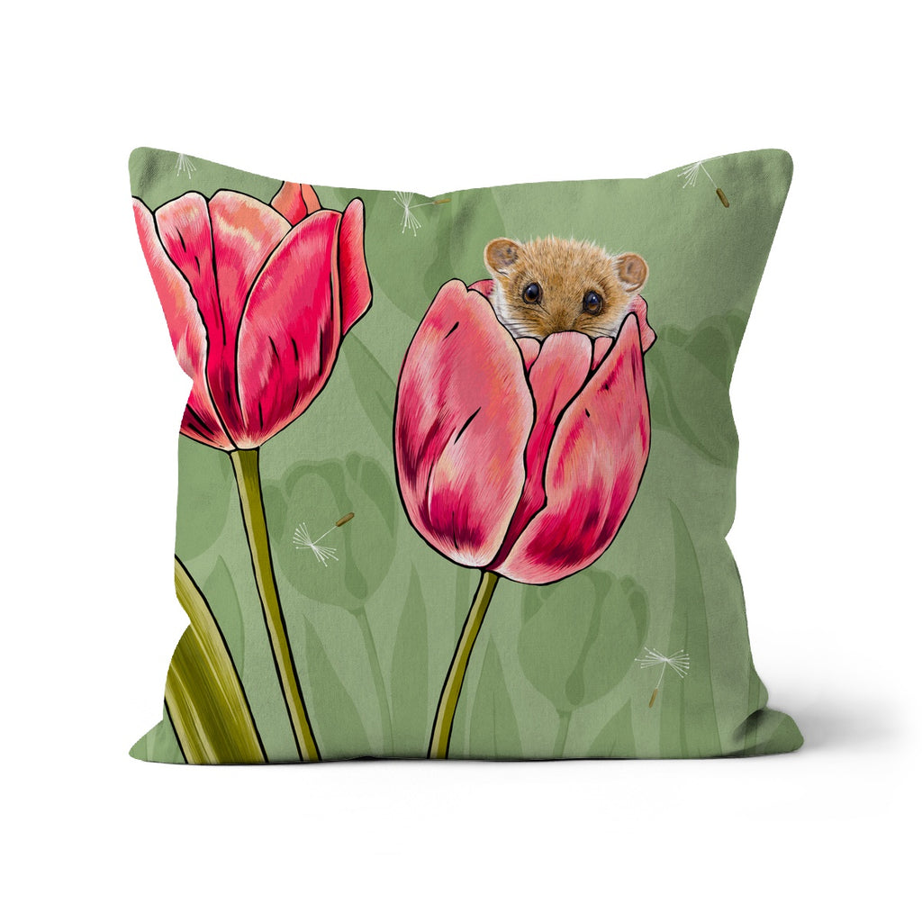 Dormouse and Tulips Cushion by Fox & Boo, featuring a dormouse nestled in a pink tulip