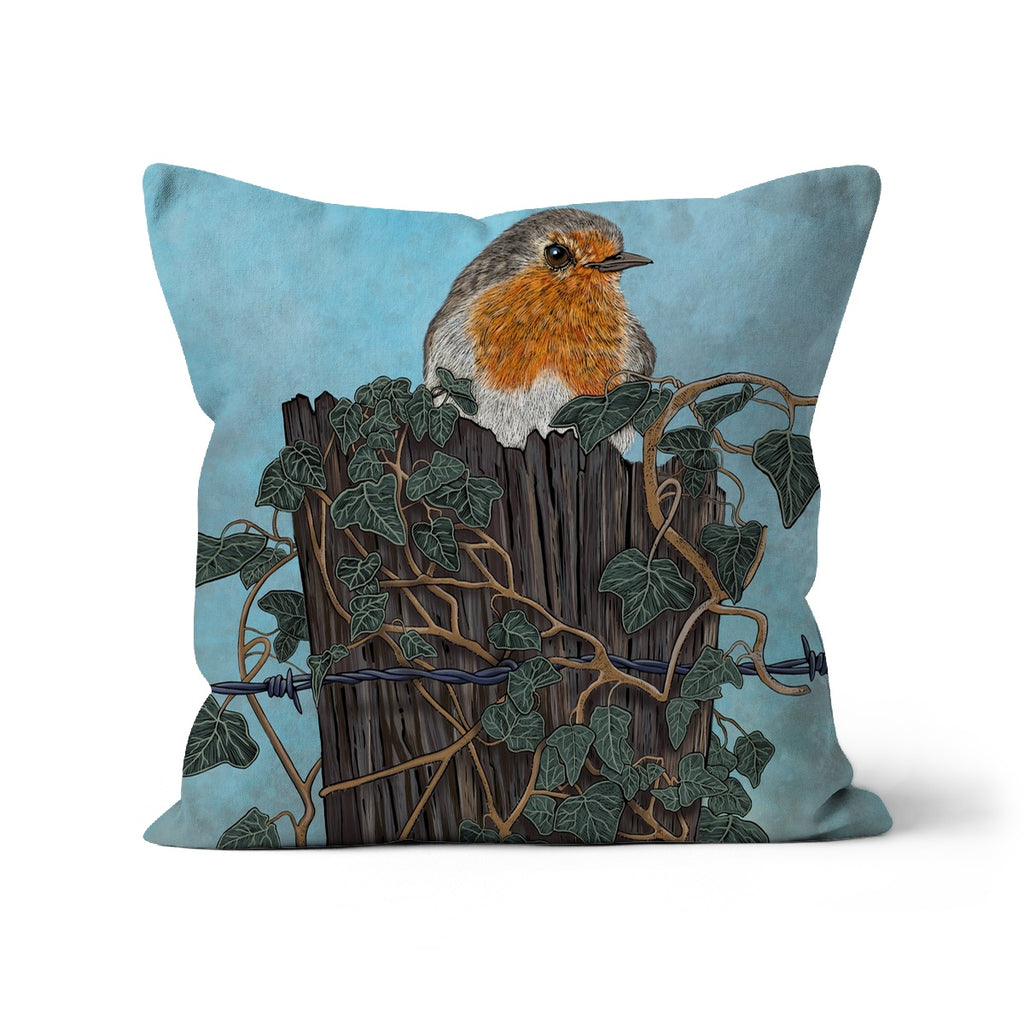Robin on Old Fence Post Cushion by Fox & Boo, featuring an illustrated robin perched on a fence post