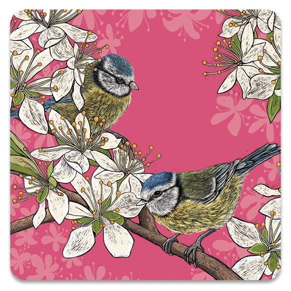 Blue Tits coaster, with deep pink background by Fox and Boo, sustainable with matt finish.