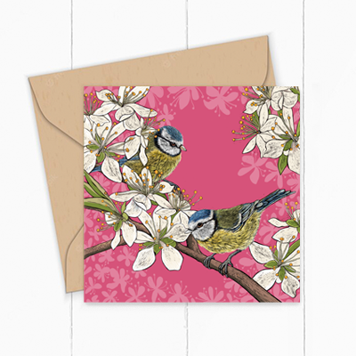 Greeting Card by Fox and Boo featuring Blue Tits in a hawthorn blossom with a salsa pink background