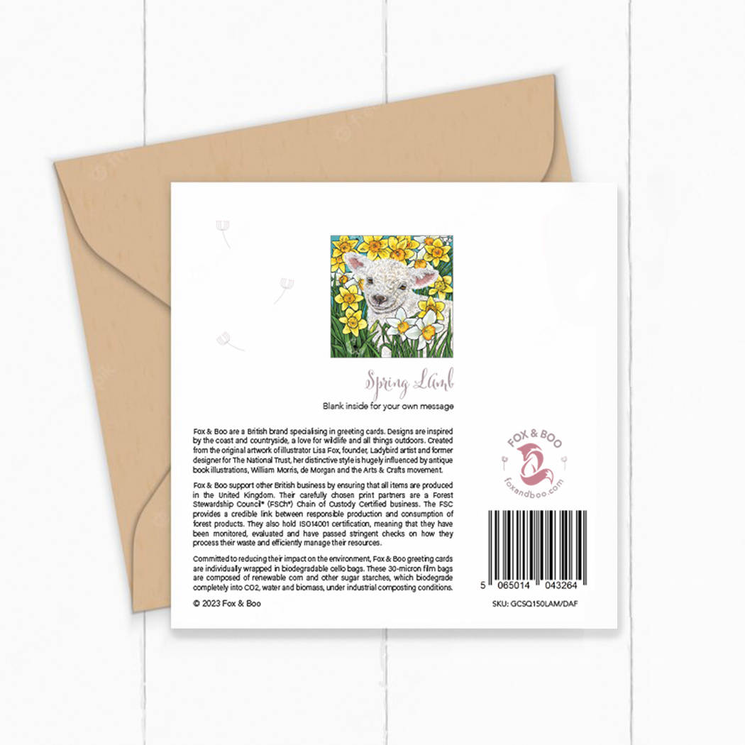 Lamb greeting card, surrounded by spring daffodils, designed by fox and boo