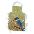 Illustrated kingfisher design chef's apron in white or black, canvas fabric with adjustable straps