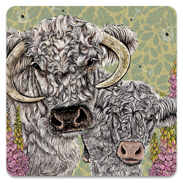Longhorn Cow and Calf coaster surrounded by foxgloves by Fox and Boo