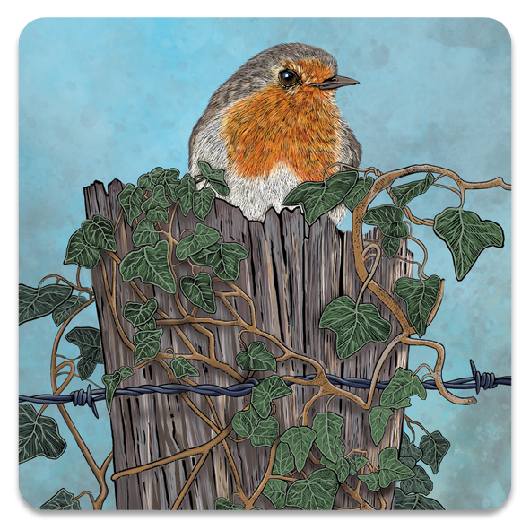 ROBIN COASTER BY FOX AND BOO; ROBIN PERCHED ON A TREE STUMP WITH BARB WIRE AND IVY