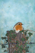 Robin Tea Towel ‘Walking Buddy, Kitchen tea towel:, design is of a beautiful robin perched on an old fence post; there is a string of old barbed wire but the post is old and covered in ivy; the background colour is a pale blue watercolour effect.