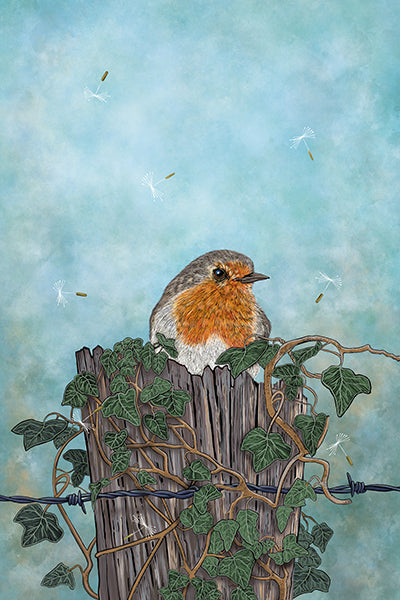 Kitchen tea towel: design is of a beautiful robin perched on an old fence post; there is a string of old barbed wire but the post is old and covered in ivy; the background colour is a pale blue watercolour effect.