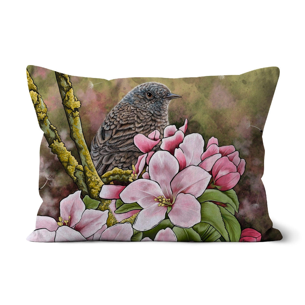 Decorative cushion with a floral design, bird (Dunnock) and spring blossom