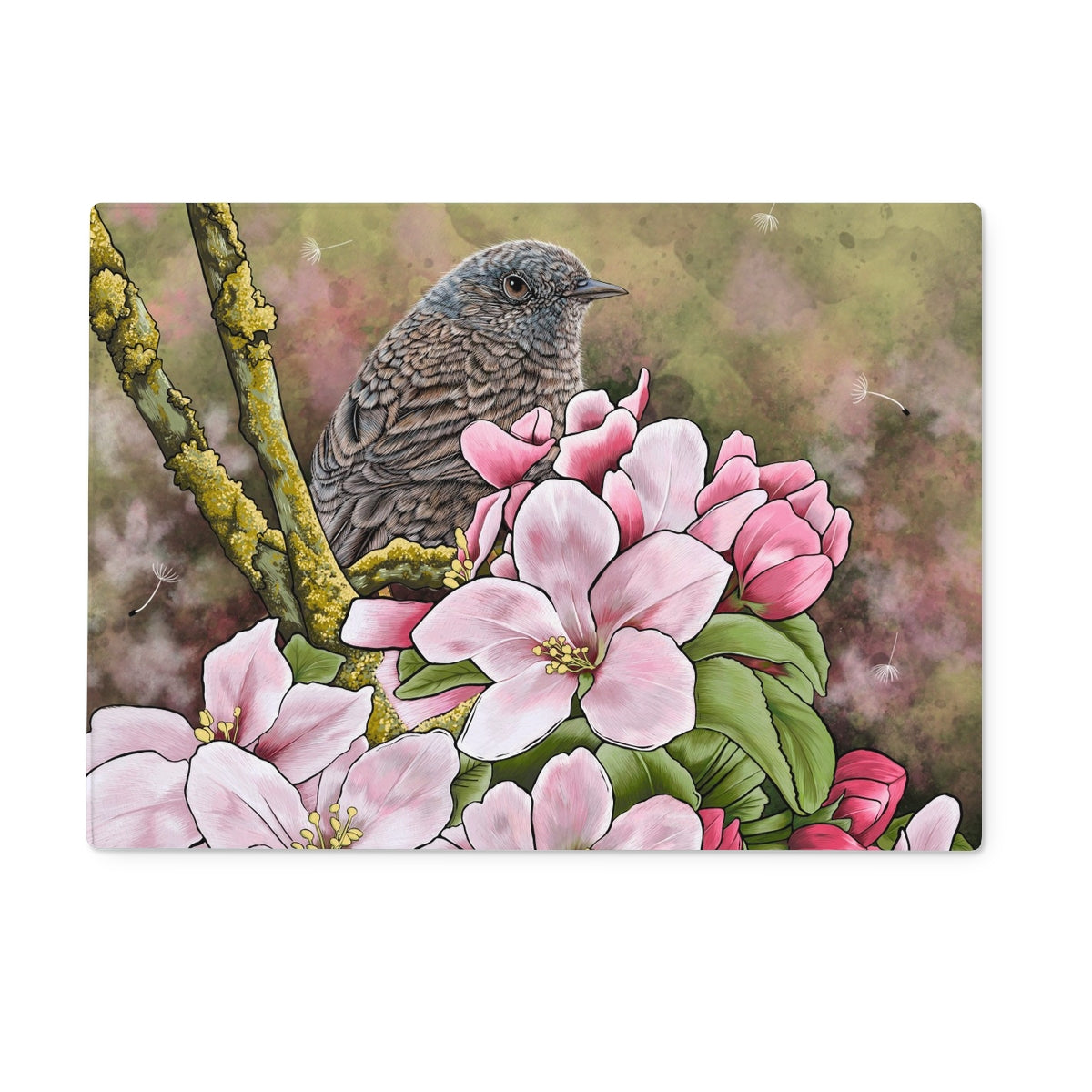 Dunnock and Blossom Glass Worktop Saver, rectangular with Dunnock perched among pink blossom.