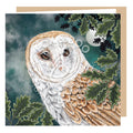 This high-quality greeting card features a barn owl in the foreground with oak leaves surrounding, and in the background, a watercolour starry sky with moon.