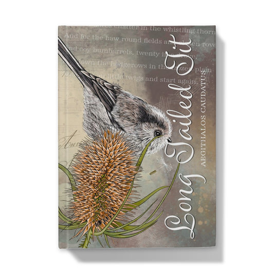Long tailed Tit Hardback Notebook Journal featuring an illustration of a Long tailed Tit bird on the cover.