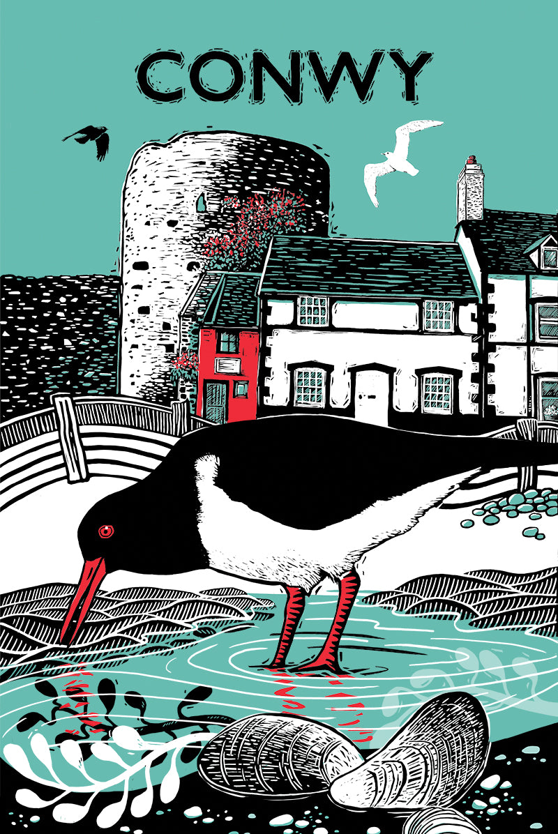 Conwy Oystercatcher Tea Towel, smallest house in Great Britain