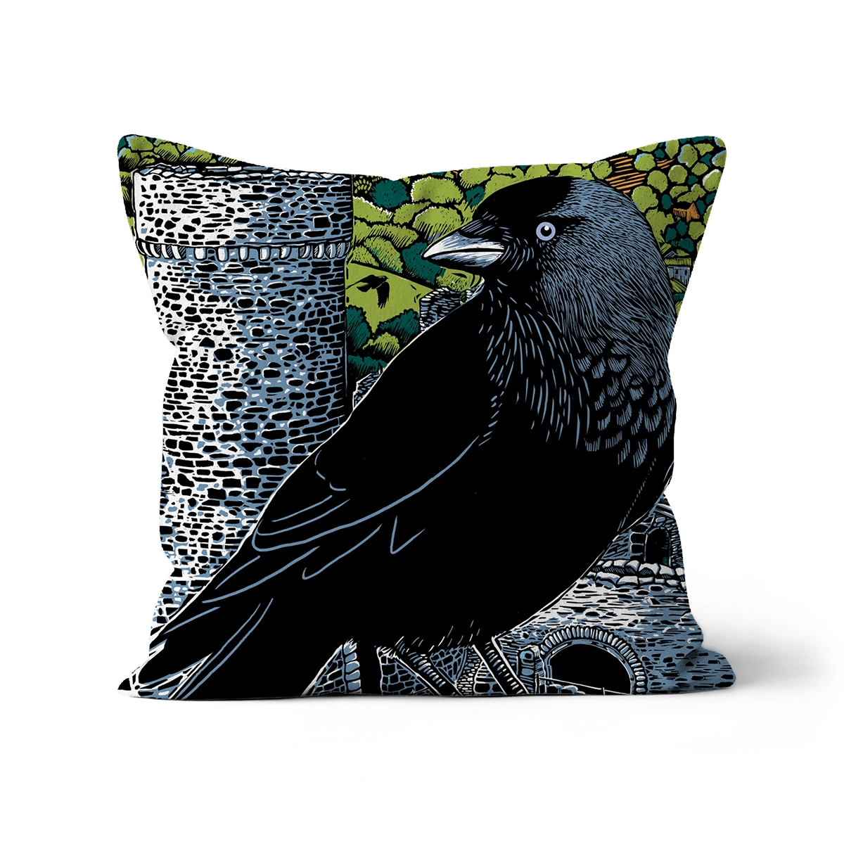 Conwy Jackdaw Cushion by Fox & Boo, featuring a jackdaw at Conwy Castle