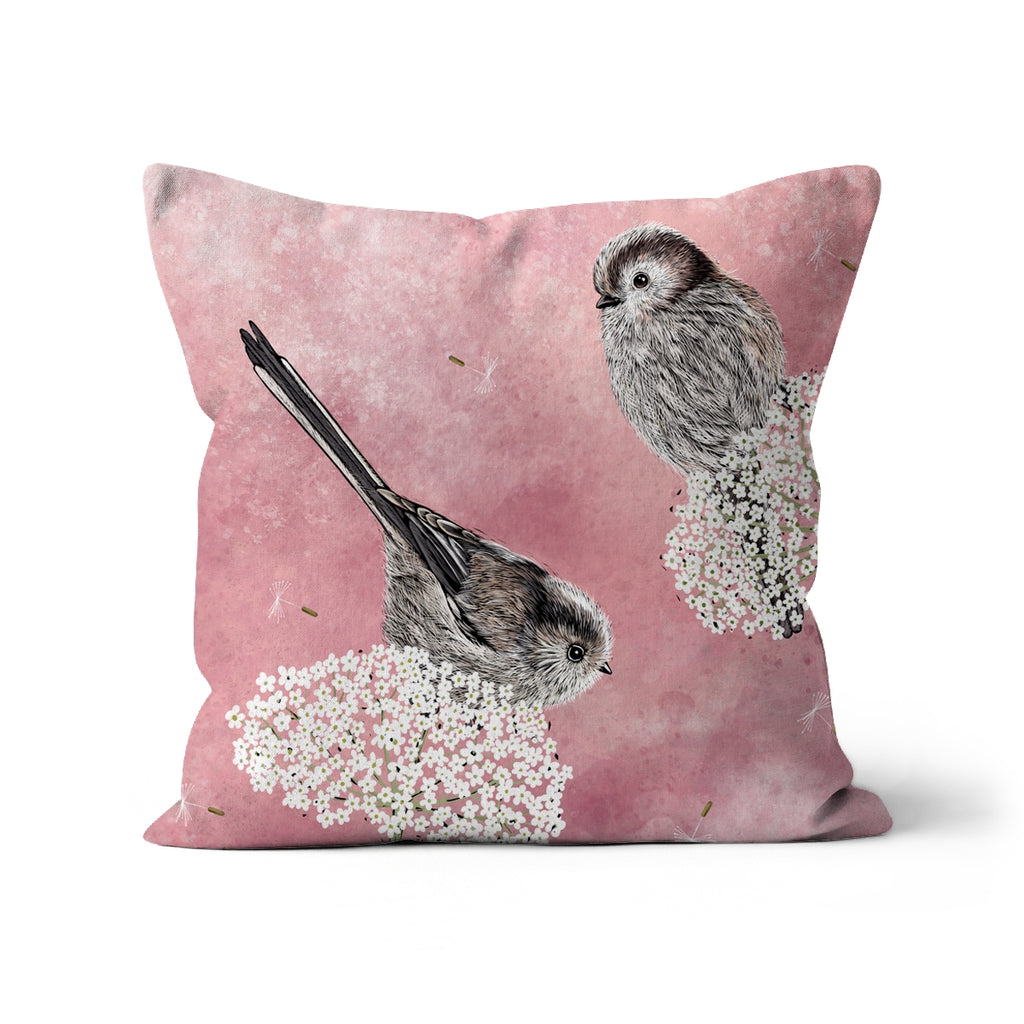 Long Tailed Tits Cushion by Fox & Boo, featuring long-tailed tits among wildflowers