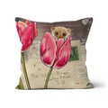 Vintage Style Dormouse Cushion featuring a dormouse in a tulip against a vintage collage background.