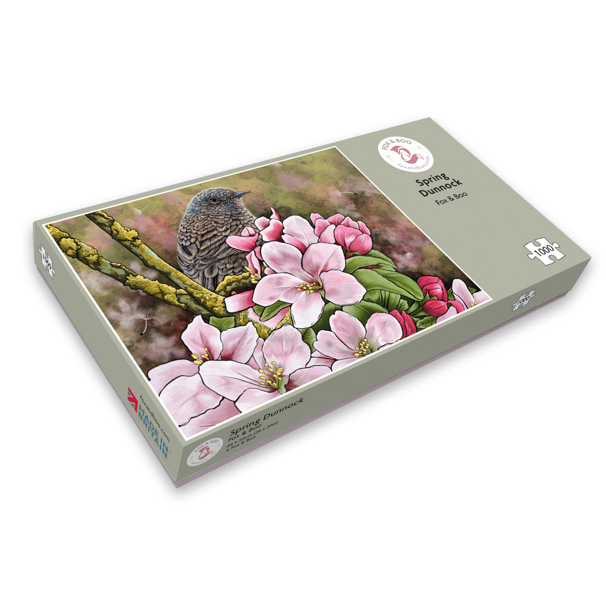 Sustainable Garden Bird Jigsaw Puzzle box featuring spring Dunnock and blossom design.