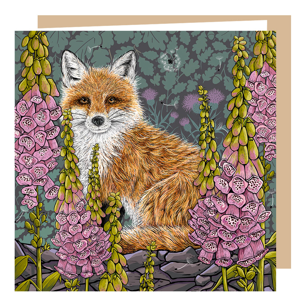 'Fox Love' Greeting card by Fox and Boo; Fox seated with tall foxgloves all around him; oak leaf and thistle background