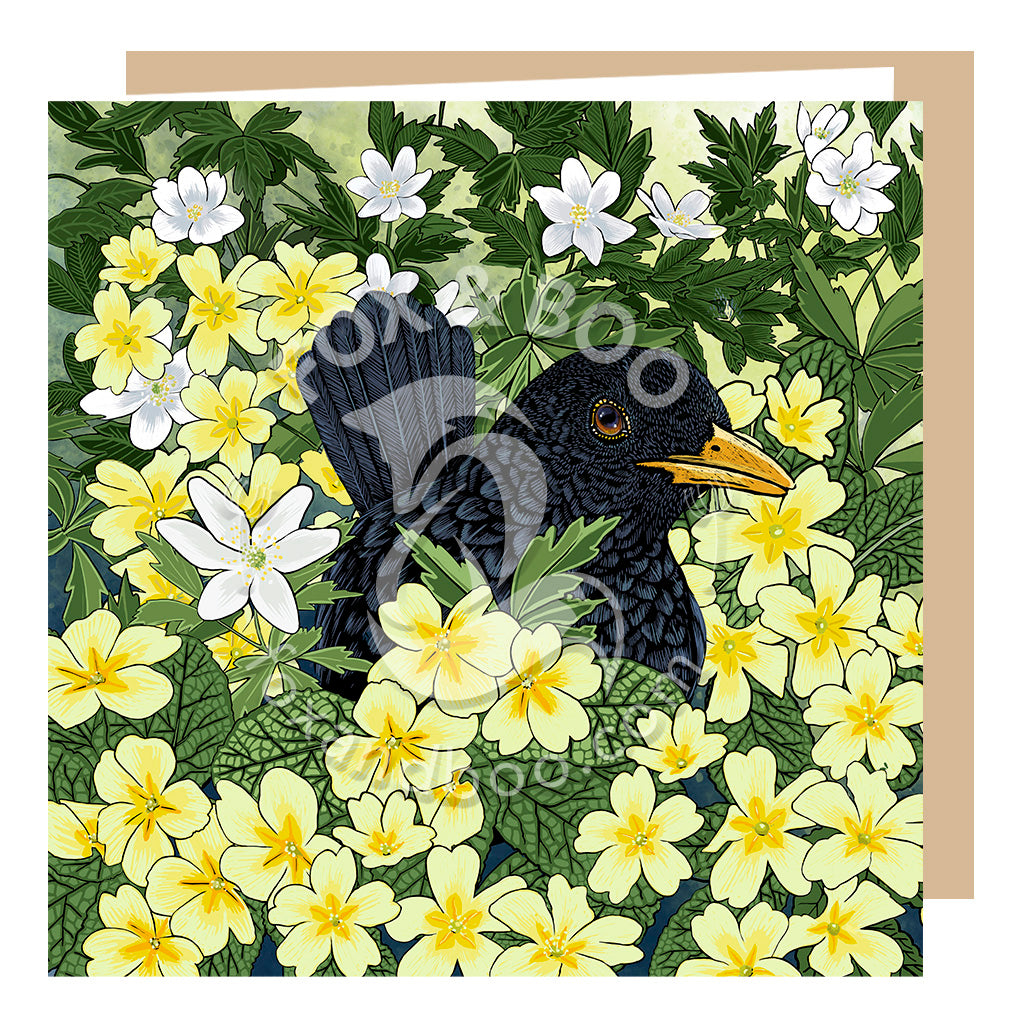 Blackbird and Primrose Greeting Card