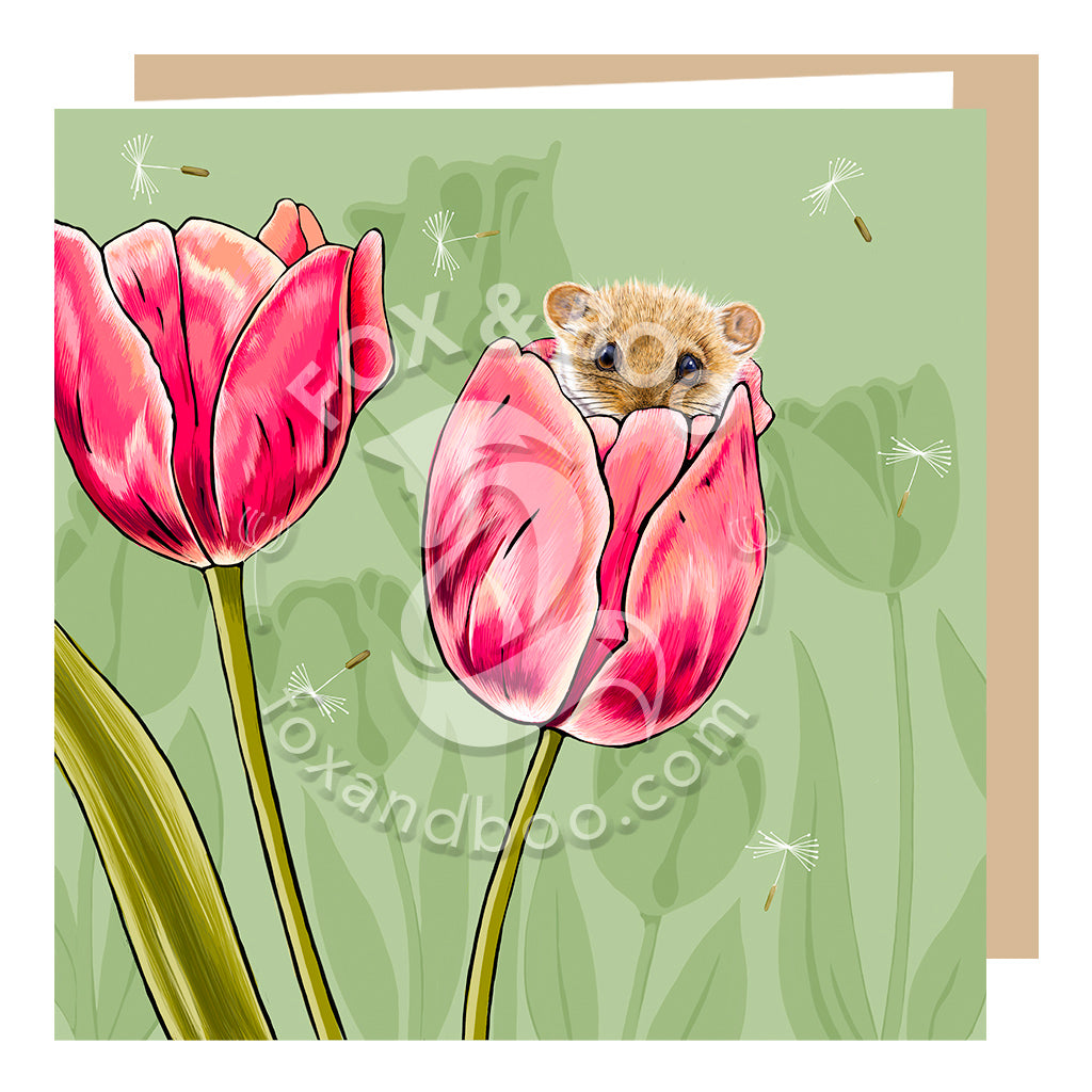 Dormouse and Tulips Greeting Card