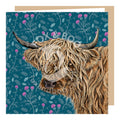 Highland Cow Greeting Card illustrated by Fox & Boo, featuring a highland cow on an ocean blue background