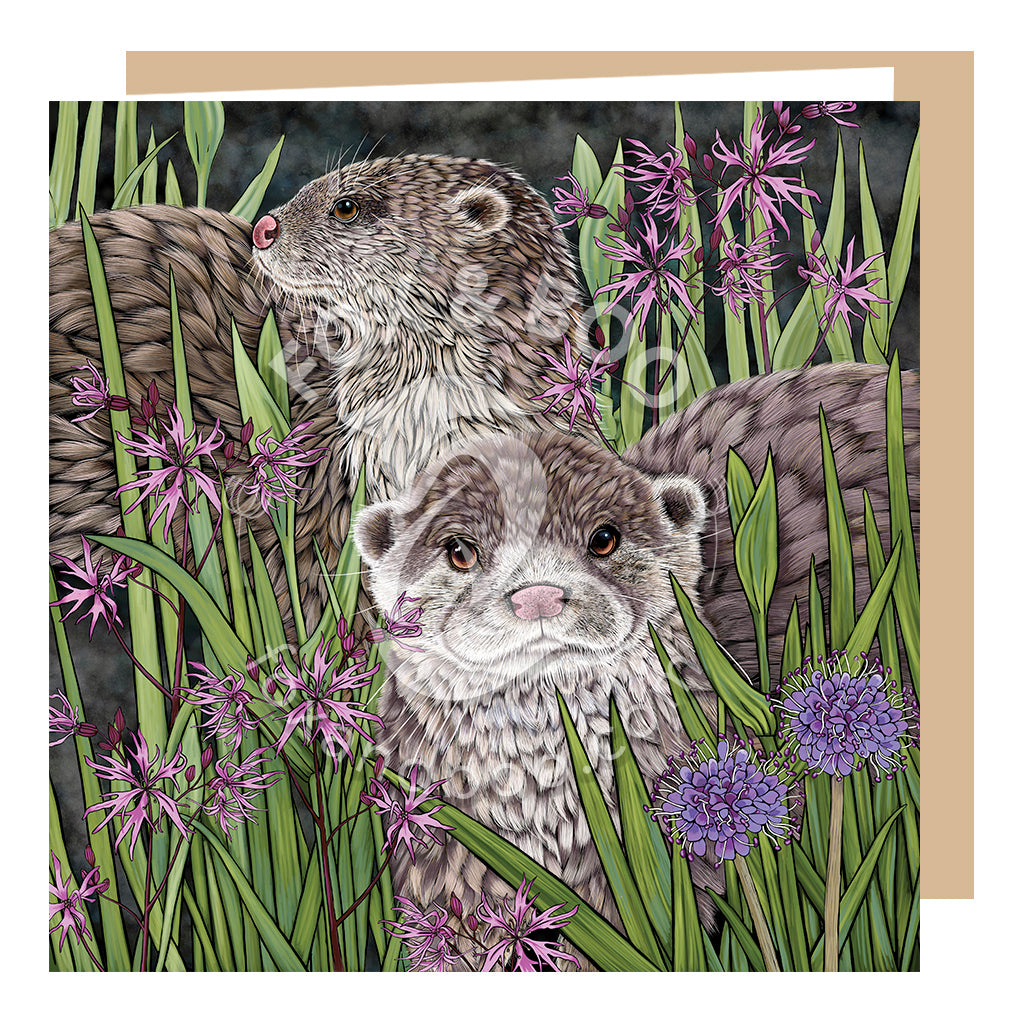 Otter greeting card, Otterly Adorable design, two otters surrounded by marsh plants and pink ragged Robin wildflower, perfect for a nature lover.