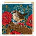 Poppies and Wren Greeting Card featuring a wren on a wooden spade handle surrounded by vibrant poppies and stylized floral design.