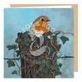 A very cute square greeting cards left blank for your own message features a little Robin perched on an old fence post surrounded by Ivy. Ideal for a recipient that loves British wild birds.