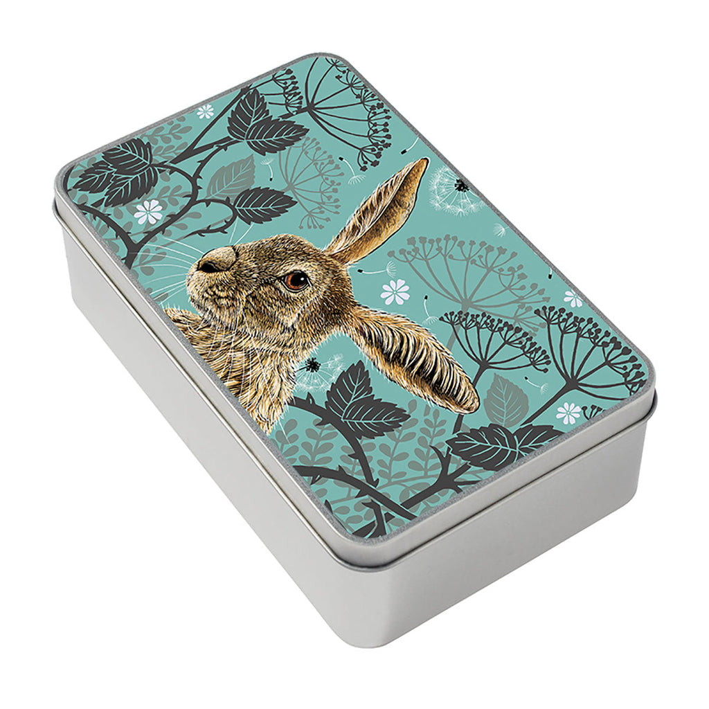 Woodland hare keepsake tin in vintage aqua colourway, 3D mockup