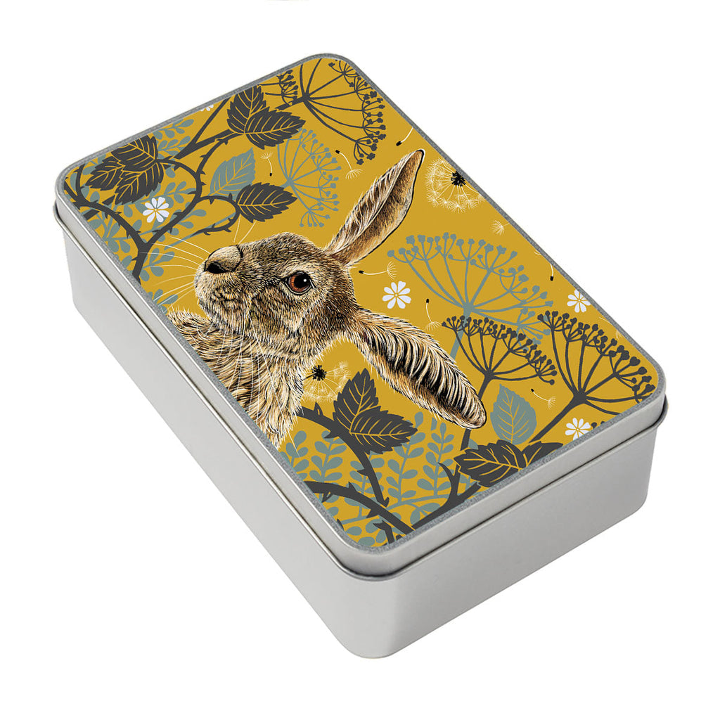 Woodland hare keepsake tin in mustard colourway, 3D mockup