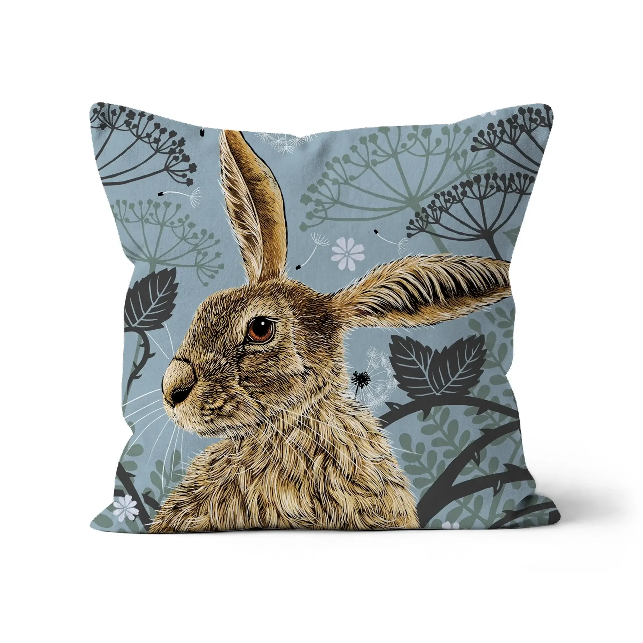 Woodland Hare Cushion featuring a detailed portrait of a British hare with a blue background.