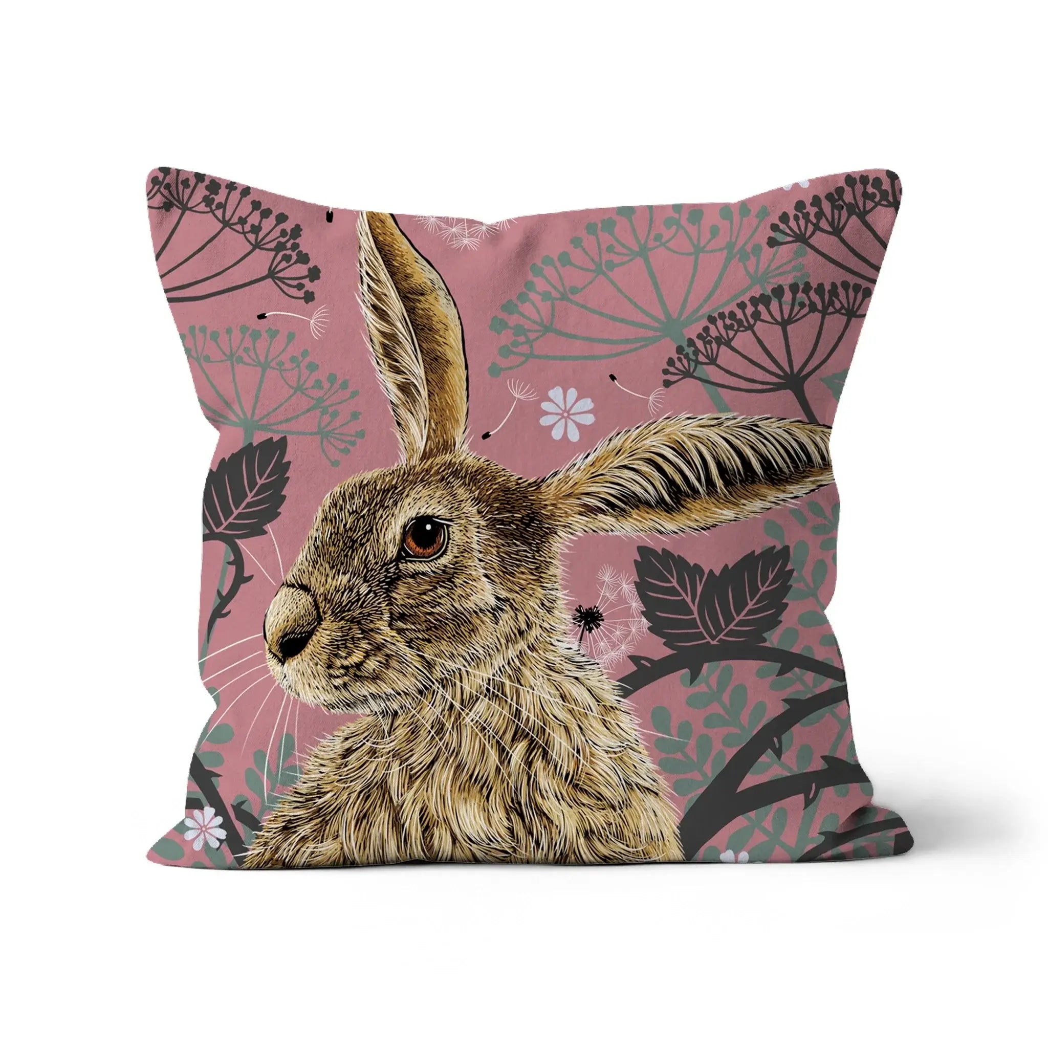 Woodland Hare Cushion featuring a detailed portrait of a British hare with a pink background.